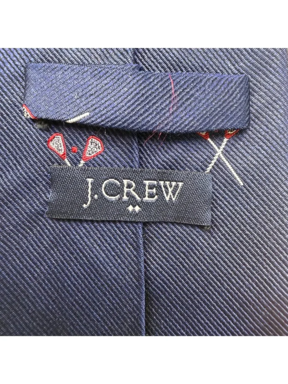 J.Crew Mens Navy Silk Tie Lacrosse Crosses Embroidery A
